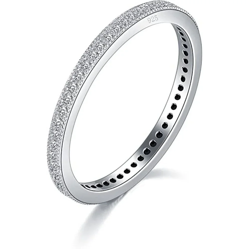 𝅺.925 Sterling Silver Platinum Plated Simulated Diamond 2mm Ring Elegant Band CZ - Picture 2 of 13